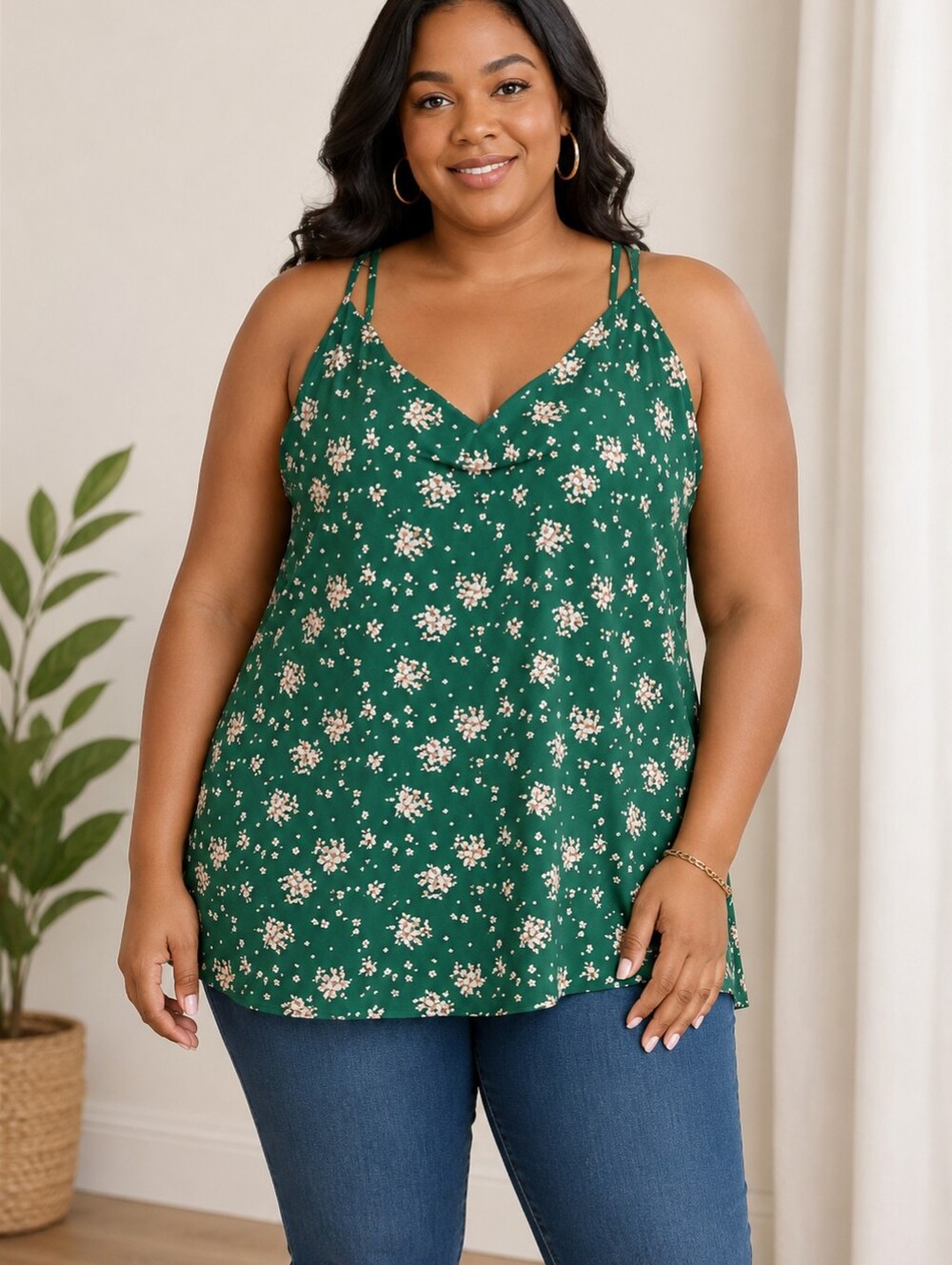 Skies are Blue Green Floral Spaghetti Strap Tank Top 3X - NWOT